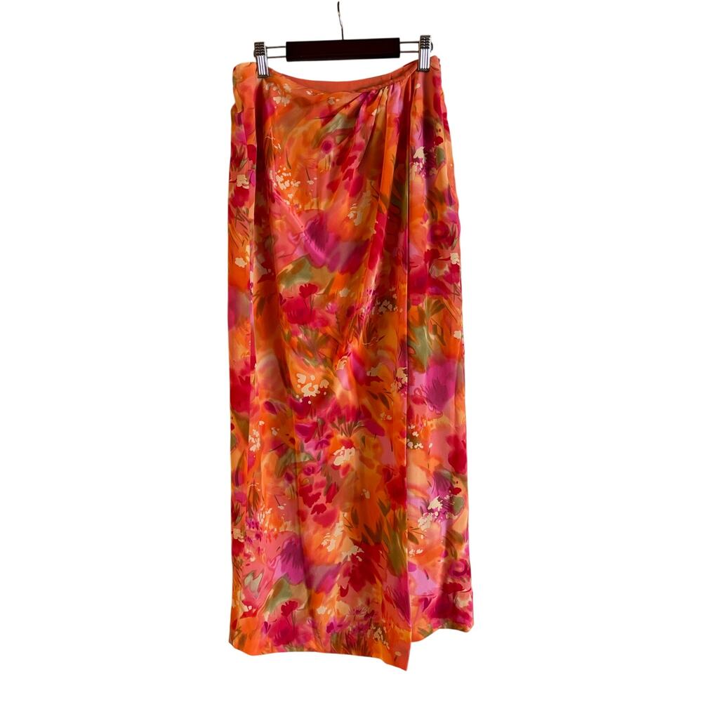 Barry Bricken Silk Maxi Skirt Coral Pink Hibiscus Hawaiian Festival Size 4 Slit